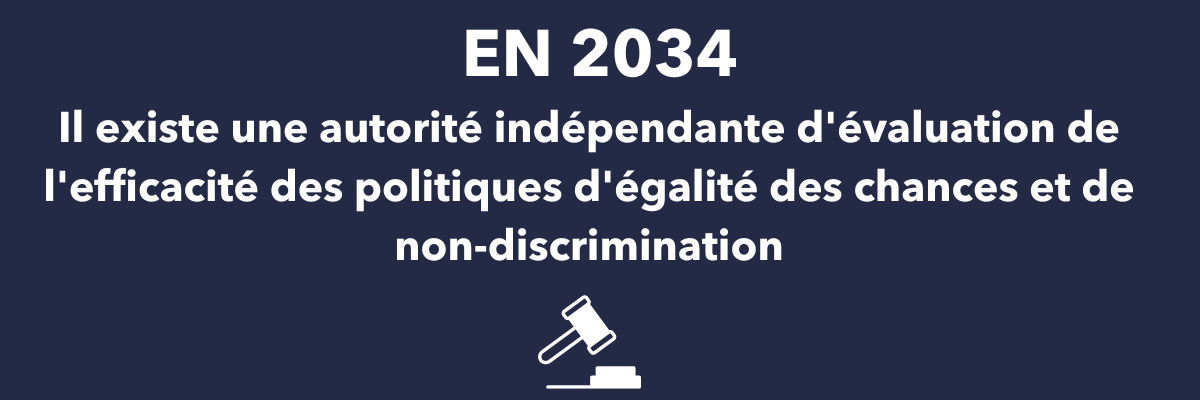 En 2034, il existe une autorité indépendante d'évaluation de l'efficacité des politiques d'égalité des chances et de non-discrimination.