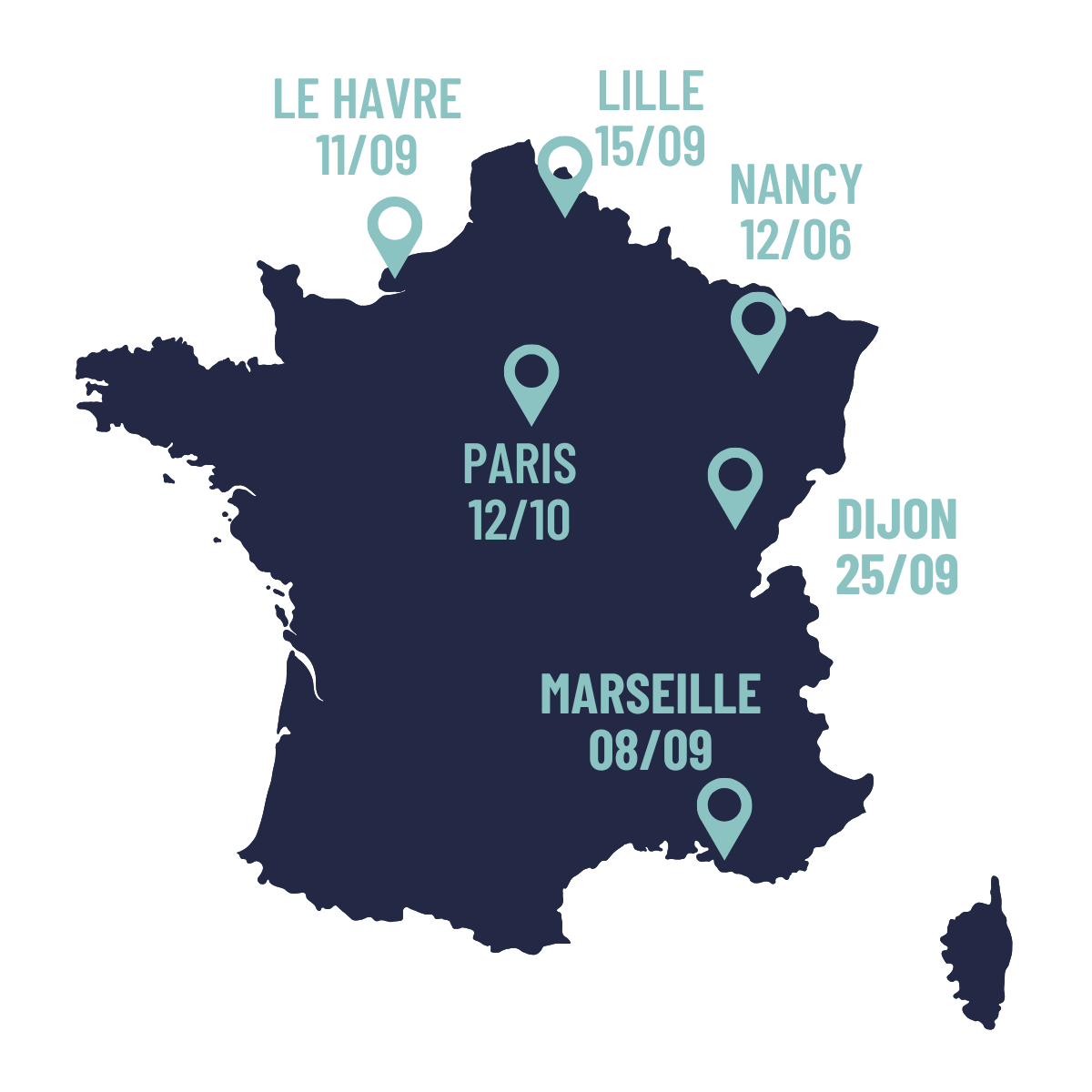 Carte de France avec les 6 dates de la SERI2026